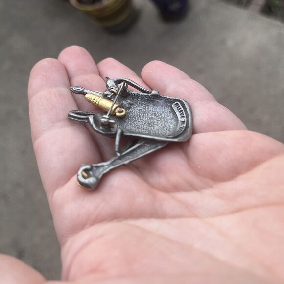 Vintage Pewter Brooch Pin Garden Water Can Paint Brushes Signed M. Basting 1999 - Picture 9 of 9